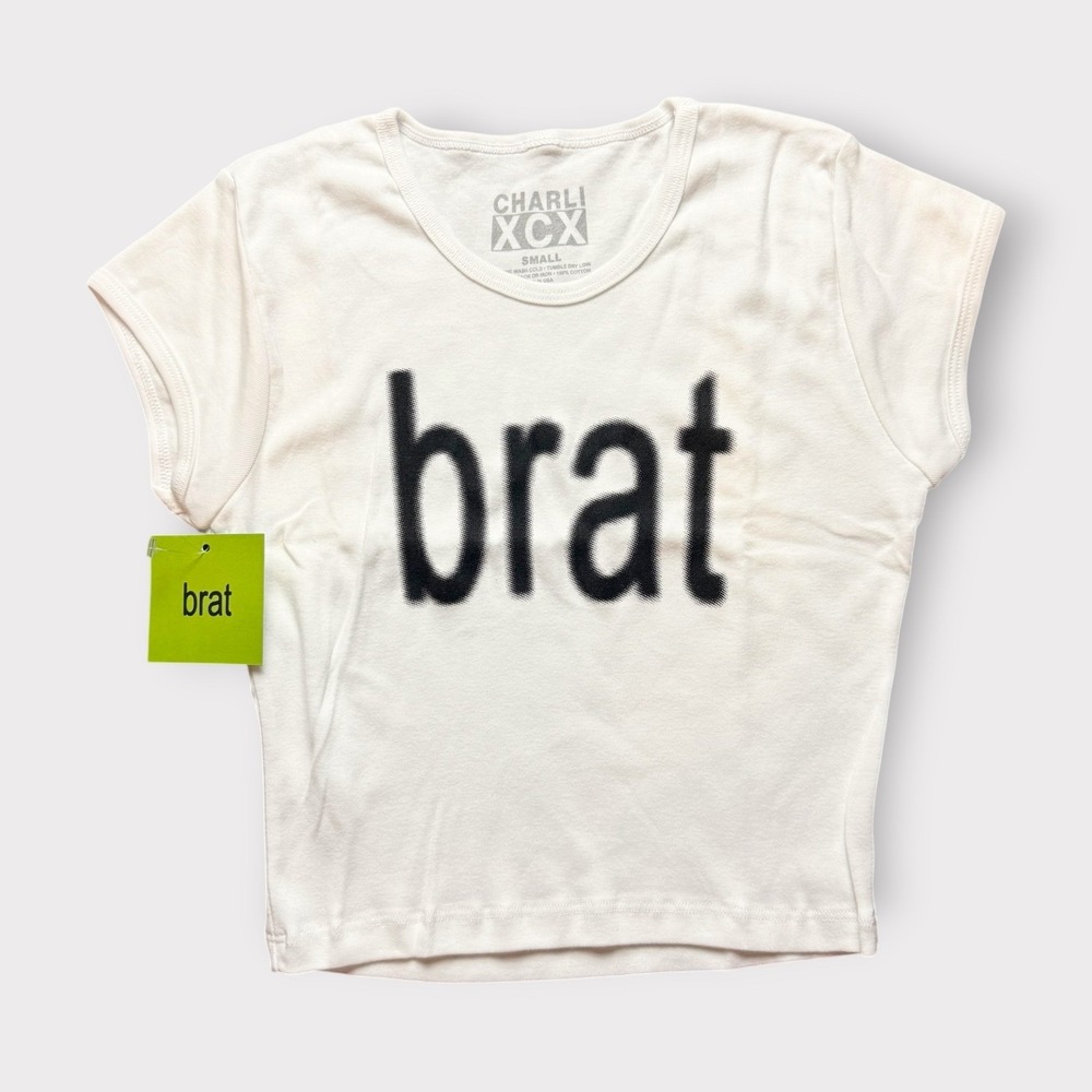 Charli XCX Brat White Baby Tee Official Merch Short Sleeve Crop Top Small NEW